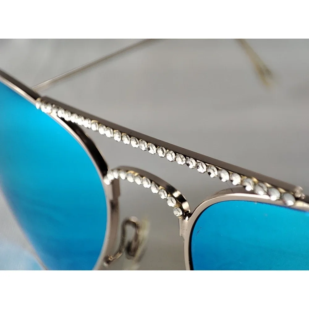 Jimmy Crystal NY GL1261 Aviator Sunglasses Swarovski Crystals Blue Mirror Lens